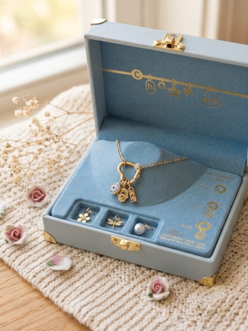 Charm Bar 14kt Gold Plated Necklace Interchangeable Dangle Charms Pearl Heart